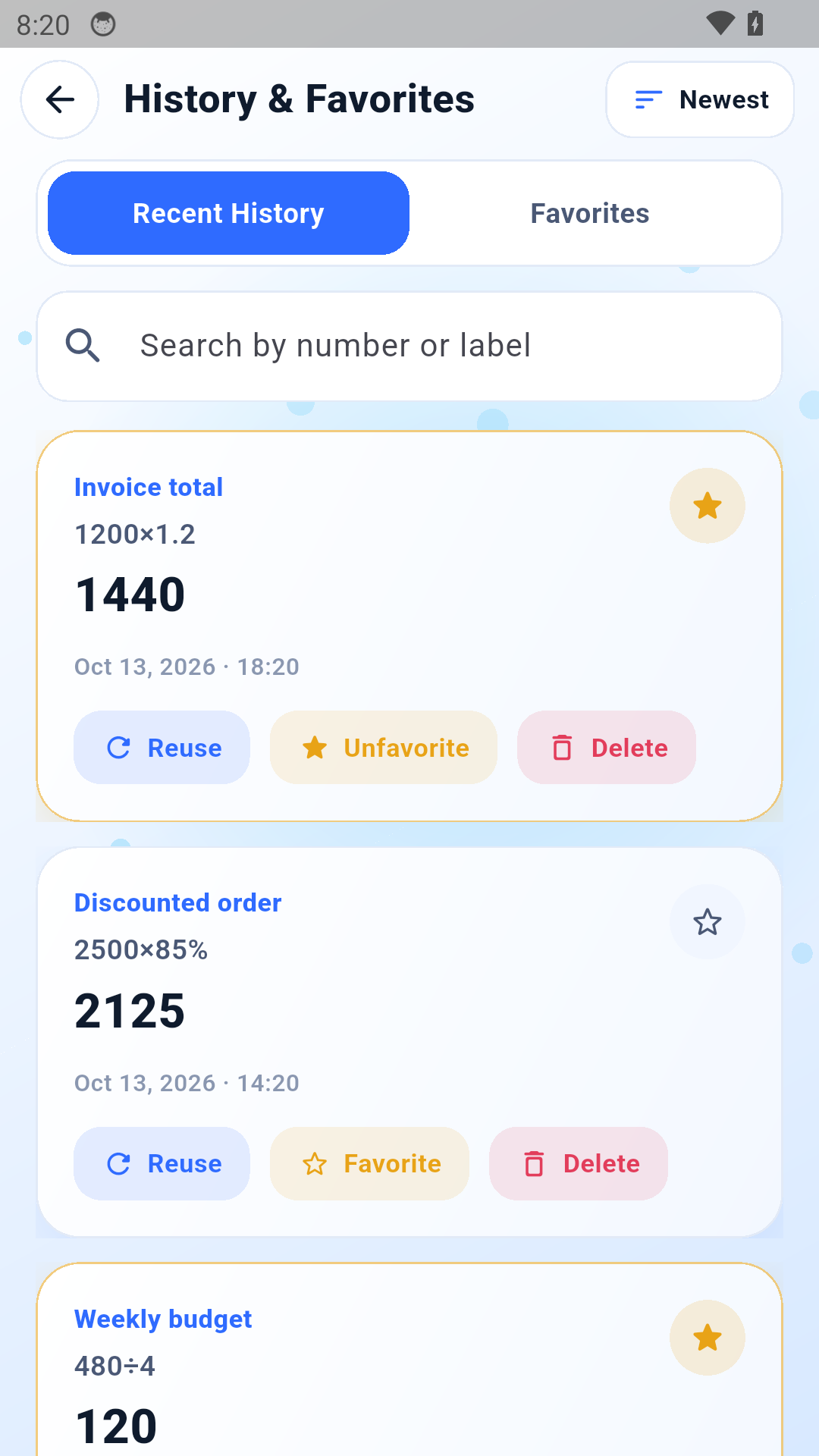 WhiteCalc Productivity history and favorites screen